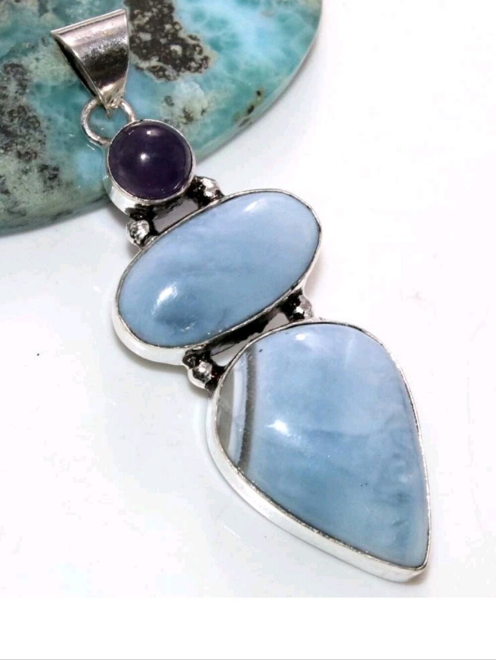 Owyhee Blue Opal, Amethyst Gemstone Jewelry 925 Sterling Silver Pendant Necklace